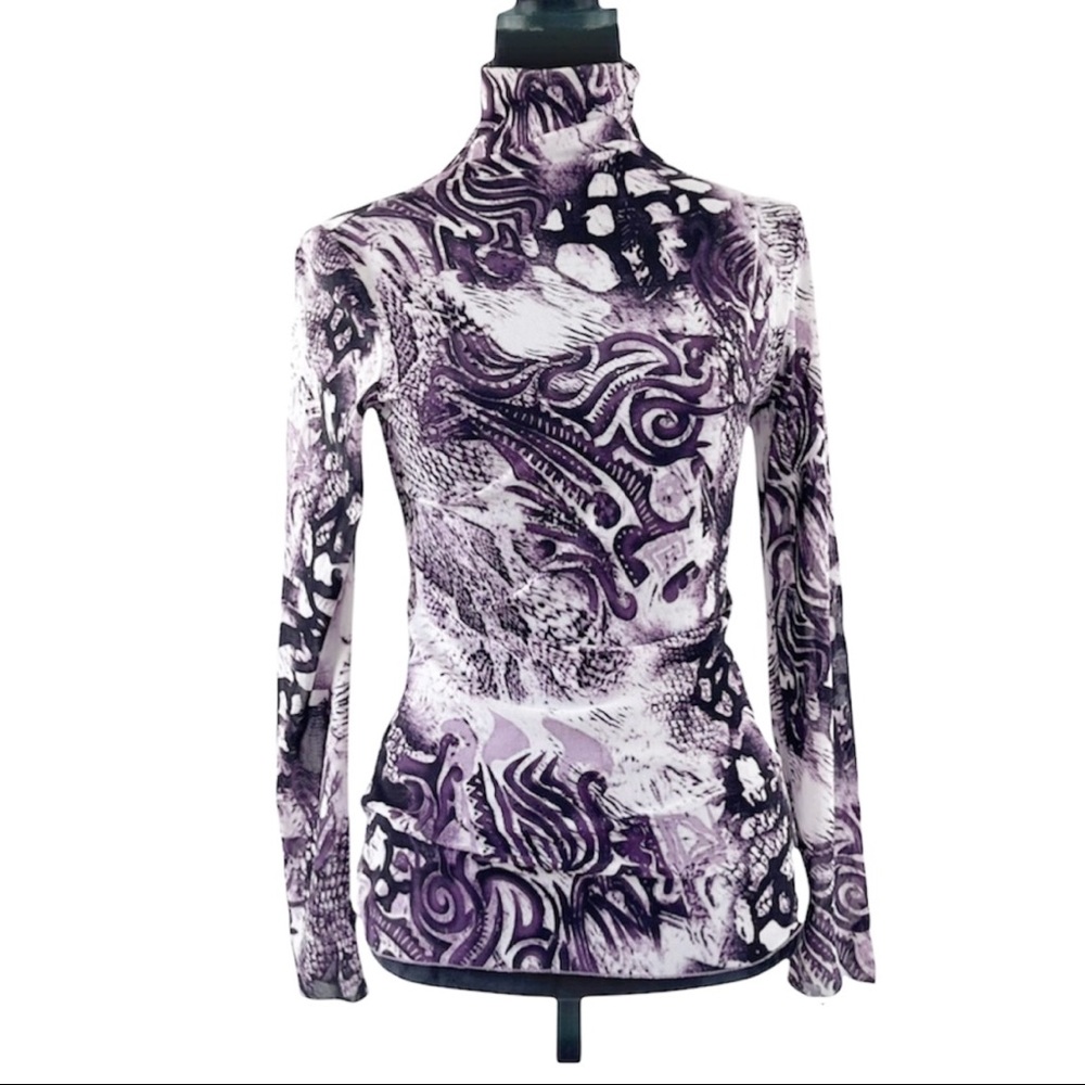 Kenneth Cole Chic Purple & Black Sheer Long Sleeve Mock Turtleneck Top XS